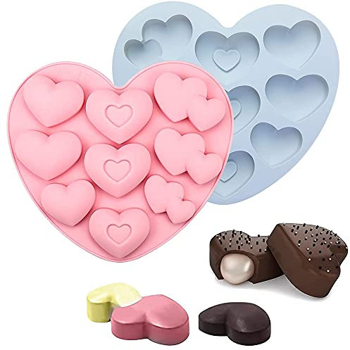 2 Pezzi Stampi in Silicone Cuore Per Cioccolatini, Caramelle e Cioccolato - Con 3 Forme e 9 Fori, Per Fare Gelatina, Mousse, Sapone (Rosa, Blu)