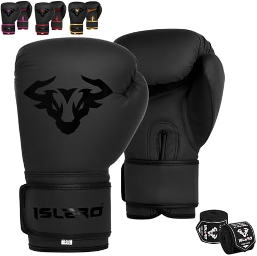 Islero EVO Fitness, guanti da boxe opachi neri da uomo, guanti da sacco rosa da donna, MMA, Muay Thai, arti marziali, kick boxing, guanti da sparring e allenamento da combattimento con fasce per le