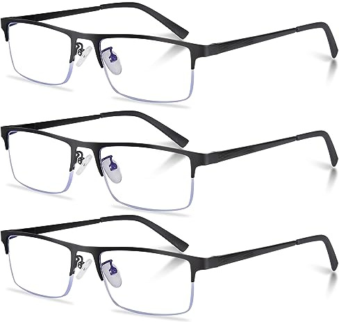 Anourney 3-Pack Reading Glasses for Men, Lightweight Metal Half Frame Blue Light Blocking Computer Readers, Filter UV Ray/Computer Glare with Spring Hinge Eyeglasses(3PCS Black,+1.5)