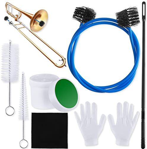 7 Pieces Trombone Care Cleaning Kit Maintenance Kit Flexible Brush Slide Grease Mouthpiece Brush Valve Cleaning Cloth Casing Rod White Gloves for Instruments
