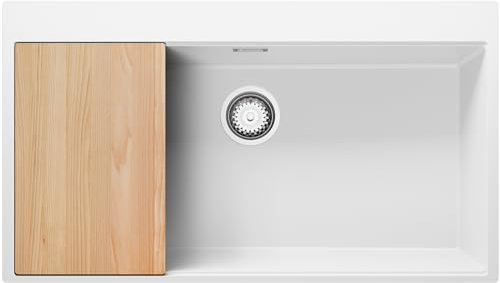 PRIMAGRAN Evier Cuisine en Granit Blanc 88x50cm, Lavabo 1 bac + Kit de Vidage + Planche à Découper, Évier à Encastrer al mueble 90cm - Oslo S425