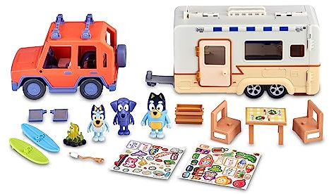 Bluey Familienset Cruiser + Campervan, Playset, Auto-Set der Familie, Wohnmobil, mit 3 Figuren, 10 Zubehörteilen und dekorativen Aufklebern, 3 Jahre Berühmt (BLY53000)