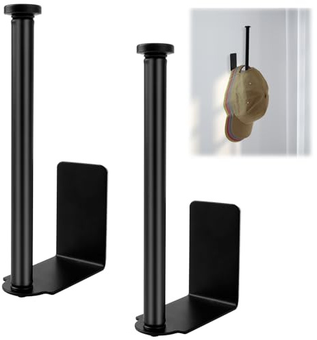 YAKLEE 2Pcs Self Adhesive Hat Hooks, Stainless Steel, Modern L-Shape, Black, 2 Hooks, 3kg Capacity, Wall & Door Mount, Hat Rack, Cap Holder