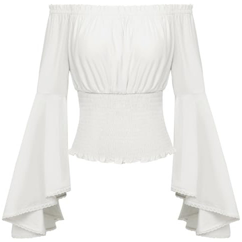 SCARLET DARKNESS Viktorianische Edwardianische Rüschenbluse Damen Rockabilly Dirndl Carmenbluse Weiß XXL