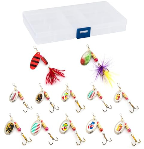 Dr.Fish Set med 12 spinnerbait fiskedrag med utrustningslåda ingår, fiskedrag set med franskt blad för sötvattensfiske, öring och bar (2,4–4,4 g)