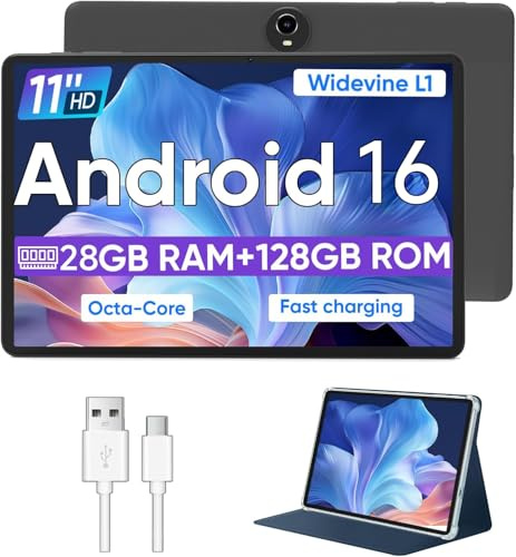 WXUNJA Android 16 Tablet,11 Inch Tablets with Octa Core Processor, 28GB RAM 128GB ROM 1TB Expand, Widevine L1, 8000mAh Battery, 2.4/5Ghz Dual WiFi/GPS/FM, 5/8MP Cameras, Case Included, Black