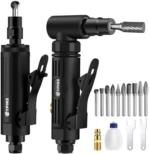 EYPINS Kit de amoladora neumática, ángulo recto de 90 grados y amoladora angular Striaght con 10 limas giratorias de acero de tungsteno, ligero para moler, cortar, pulir y desbarbar, etc
