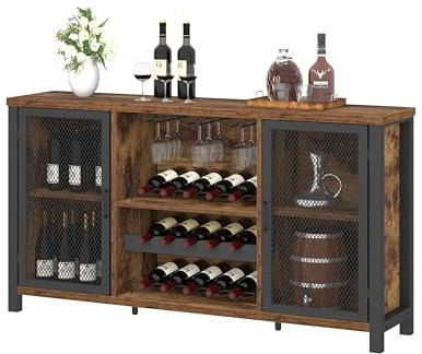 Mudmasa Küchenschrank Buffetschrank Sideboard Barschrank, Küchekommode Holz, mit 2 Türen, Weinschrank Beistellschrank für Wohnzimmer, Küche, Esszimmer, 35 x 140 x 82 cm, Vintagebraun-schwarz