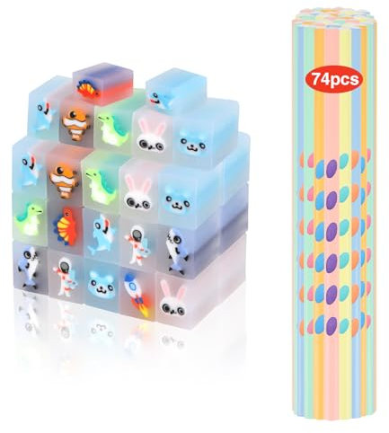 74Pcs Matite con Gomma Bambini,37 Gomme Cancellare Bambini Divertenti & 37 Matite Bambini Adatta Regalini Fine Festa Compleanno,per Battesimo Bambini Compleanno Dopo Festa