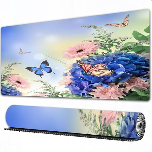 FEHWI Gaming Mouse Pad Extra Large Keyboard Mouse Mat Desk Pad Soft Smooth Surface and Anti-Slip Rubber,Bouquet from blue hydrangeas and butterfly a flower background,16x35.5 in