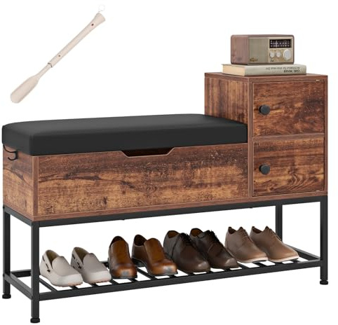 COSTWAY Shoe Storage Bench, Shoe Rack Stand with Seat Cushion, Flip Top Storage, 2 Door Cabinets, Metal Shelf, Hook and Shoehorn, Entryway Hallway Bench Cabinet Shoes Organizer Unit (Rustic Brown)