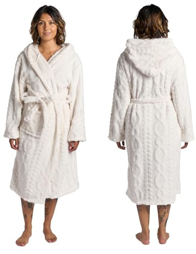OHS Cable Knit Dressing Gowns Unisex Super Soft Warm Fleece Hooded Bathrobe Full Length Comfortable Cosy Adults Dressing Gown for Sleepwear Loungewear, White