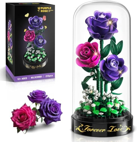 HiWEEGO Kit de construction de fleurs avec lumière LED et couvercle – 219 pièces – Rose Anniversaire pour Elle/Petite Amie – Bouquet artificiel de 3,6 mm – Collection botanique – Mini bloc de