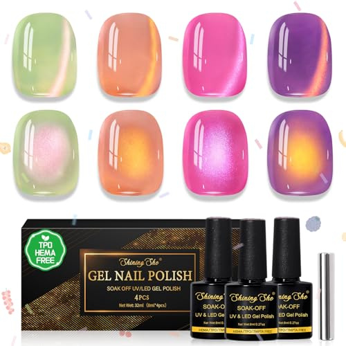 Shining She Vernis Semi Permanent Cat Eye Pastel, 6 couleurs Jelly Glass Crystals Vert Marron Rose Violet sans TPO sans HEMA Vernis gel Soak Off UV/LED Vernis à Ongles Pour Débutant Nail Art DIY, 8ML