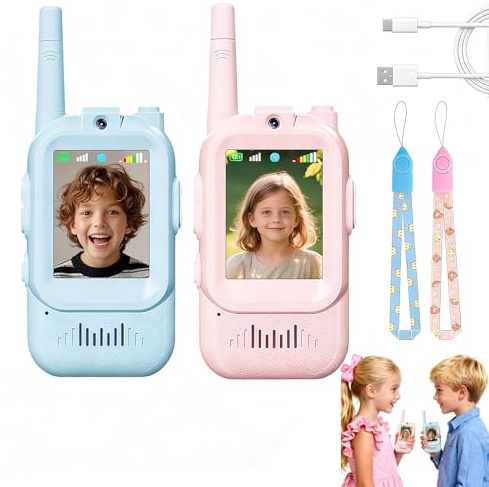 Talkie Walkie Enfants avec Vidéo & Caméra HD, Talkie-Walkie Rechargeable USB (650mAh), 4 Modes de Voix Changée, Portée 100-400m, Cadeau pour Garçons/Filles (Bleu + Rose)
