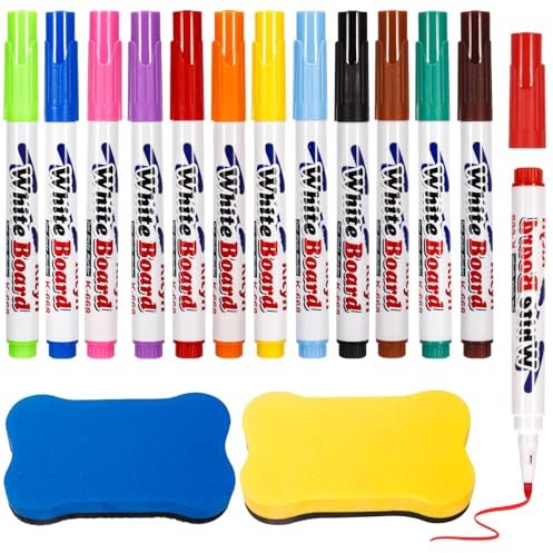 Candcamp 12 Pcs Durable Fine Tip Whiteboard Pens with 2 Magnetic Erasers | Thin Whiteboard Pens, Marker Pens, White Board Markers Erasable, Whiteboard Markers, White Board Pens, Dry Wipe Markers