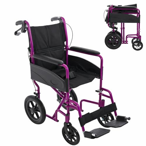 Lightweight Aluminium Folding Transit Compact Travel Wheelchair Net Carry Weight Only 9.5kg, Seatbelt, Attendant Brakes, Adjustable Footrests (Purple, Standard)