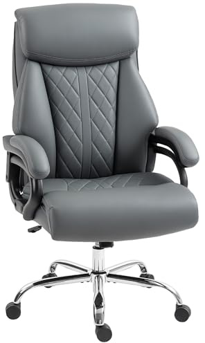 HOMCOM Bürostuhl Ergonomischer Chefsessel aus PU-Leder mit Hoher Rückenlehne, Wippfunktion Höhenverstellbarer Gepolsterter Computerstuhl mit Kopfstütze, Drehbaren Rädern, Anthrazitgrau