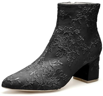 HFWXYSA Botines Mujer Encaje Floral Boda Tacón Bloque Novia Zapatos | Botines Novia Encaje Blanco Zapatos Boda Elegantes Tacón Bloque Cómodos para Ceremonia Fiesta Recepción