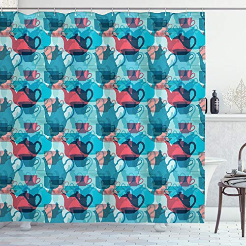 Ambesonne Tea Party Shower Curtain, Crockery Composition Abstract Overlapping Silhouettes Teapot and Cups, Cloth Fabric Bathroom Decor Set with Hooks, 69 W x 70 L, Dark Coral Pale Blue