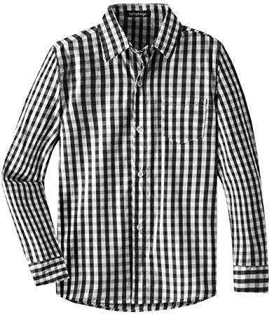 Spring&Gege Chemise boutonnée en Popeline à Manches Longues pour garçon Chemises Uniformes à Carreaux en Coton, Noir vérifier Grand Treillis 9-10ans