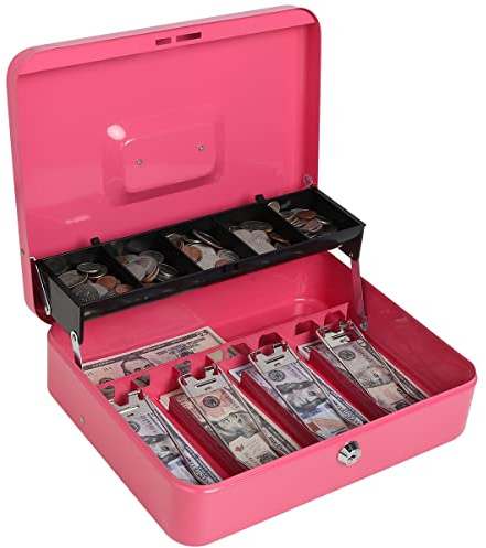 Decaller Large Cantilever Cash Box with Money Tray and Key Lock, Metal Money Box with 5 Coin Compartments & 4 Bill Clips for Home or Business, 11.81, Pink/Key
