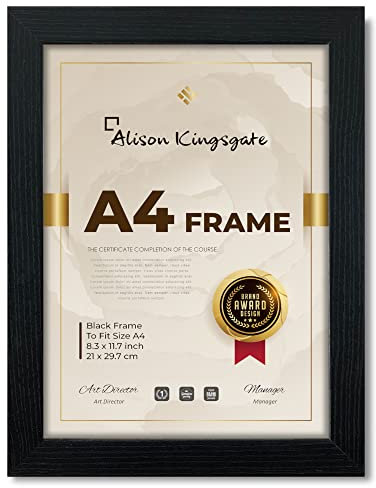 Alison Kingsgate Premium Picture Frame - A4 Size 29.7x21cm, Black with Clear Perspex Sheet & Wall Mounted Hook