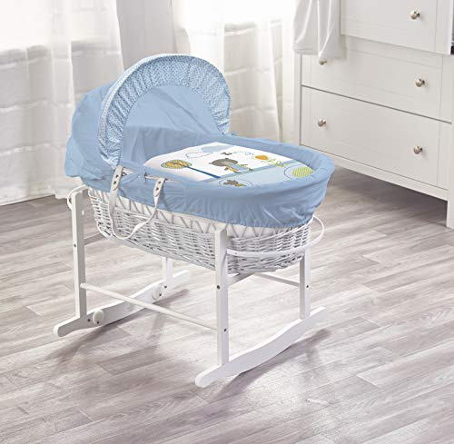 ELEGANT BABY Beary Nice Blue White Wicker Moses Basket with Chester White Rocking Stand, Adjustable Hood, Fibre Mattress & Padded Liner