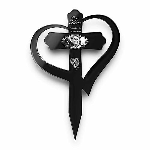 Personalisiertes Grabkreuz Herz mit Gravur aus Hochglanz Acrylglas - Grabstecker Kreuz als gravierte wetterfeste Grabdeko - schwarz o. anthrazit - Grabschmuck für Urnengrab Grab (Mit Foto)