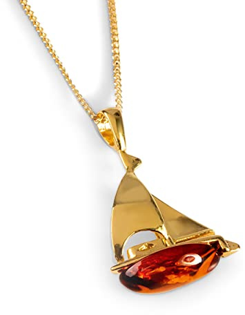 HENRYKA Sailboat Yacht Necklace in 24ct Gold Plate and 925 Sterling Silver, Baltic Amber | Sailing Gifts | Ocean Sea-Life Jewellery