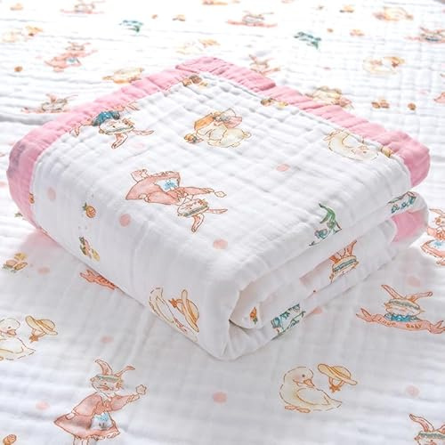 Hivia 110 x 110 cm 6-lagers bomullsbabyfilt, babyfilt för nyfödda, presenter till nyfödda, passar spädbarn i alla åldrar | Rosa kanin