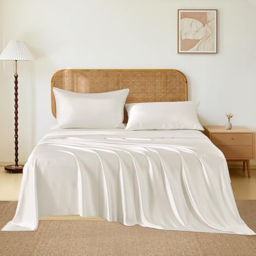 THXSILK Luxury Mulberry Silk Bed Sheets Set - 4pcs Silk Sheets Set 16 Deep Pocket - 1 Fitted Sheet, 1 Flat Sheet, 2 Pillowcases with Zipper Closure - Queen, White