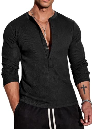 Muscle Cmdr Camisas Henley Waffle para Hombre,Camiseta Ajustada Manga Larga Ropa Interior Térmica 5 Botones Negro S