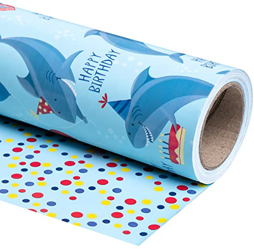 Holijolly Vändbart omslagspapper - minirulle - 43,2 cm × 10 m - Blå valar med födelsedagshattar, perfekt för födelsedagar, baby shower, fest, semester