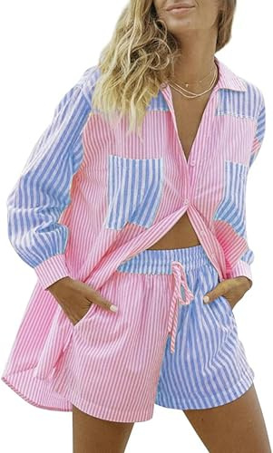 WSZJLN Camicia da Completo da Donna con Pantaloncini con Risvolto, Monopetto, Casual, a Righe, con Tasche Larghe, Rosa e Blu-L