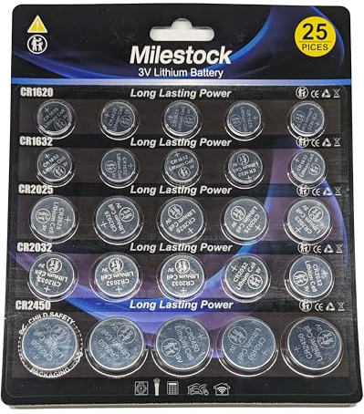 Milestock 25-Pcs 3V Lithium Button Battery Assortment CR1620 CR1632 CR2025 CR2032 CR2450 for Car Key Fob, Sensors, Scales, Candles, Watch, Toy Remote and More