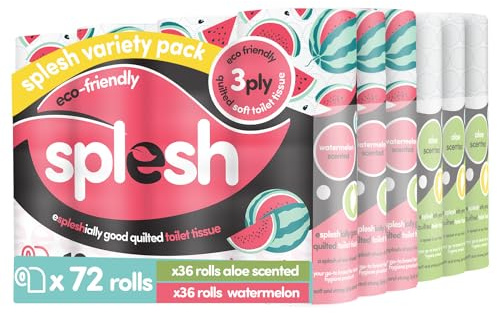 Splesh by Cusheen 3-ply Toilet Roll - Soft, Quilted Bulk Toilet Rolls, Eco-Friendly Toilet Tissue Loo Rolls, Made in UK - 72 Rolls (Aloe 36s) & (Watermelon 36s)