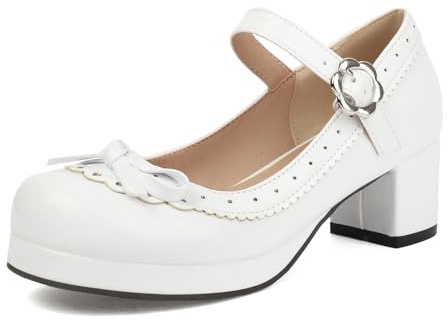 Bviennic Femme Plateforme Heel Mary Jane Bout Rond Talons Moyen Chaussures Boucle avec Plateforme Bowknot Classique Daily Chaussures I60265Hm Blanc Taille 36.5 EU/37Cn