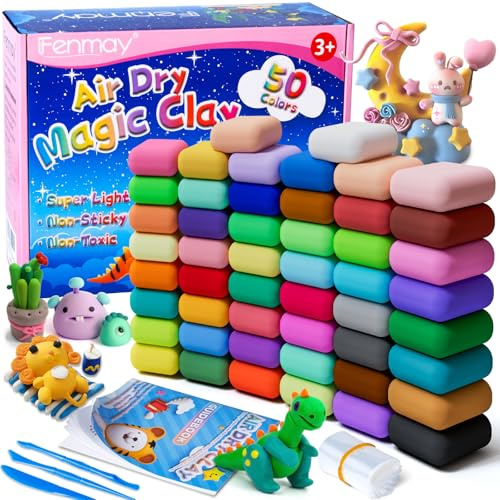 Air Dry Clay, 50 Colors Modelling Clay Kit, Ultra Light Non-Toxic Air Drying Clay for Kid, Magic Clay with 3 Clay Tools & Guidebook, Arts and Crafts Kits for Kids Boys Girls Toys