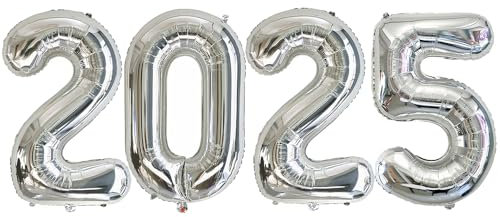 Ponmoo 40 Pouces Foil Ballons Chiffre 2025 Argenté, 101cm, Gonflable Hélium ou Air, Ballons géants Numéro 2025, Gros ballons pour la Décoration de la Fête du Nouvel An