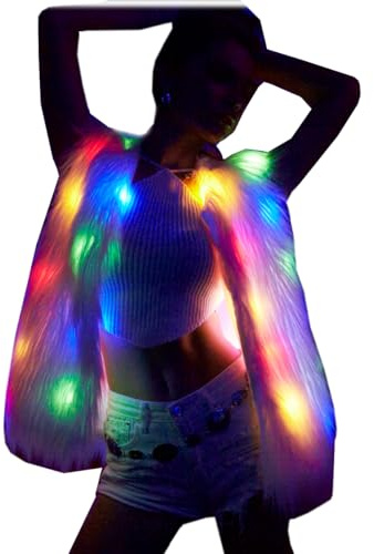 aifuu Womens LED Light Faux Fur Jacket Gilets Luminous Rave Coat Stage Show Vest Halloween Xmas Dress Up Club Fancy dress
