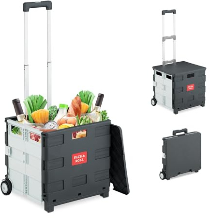 Relaxdays Carro de la Compra Plegable, Carrito de Transporte con Ruedas y Asa Telescópica, hasta 35 kg, Blanco/Gris