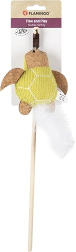 Flamingo Juguetes para Gatos – Caña Lemmo con Tortuga Verde – Madera y Textil Estilo Corcho con Catnip y Plumas