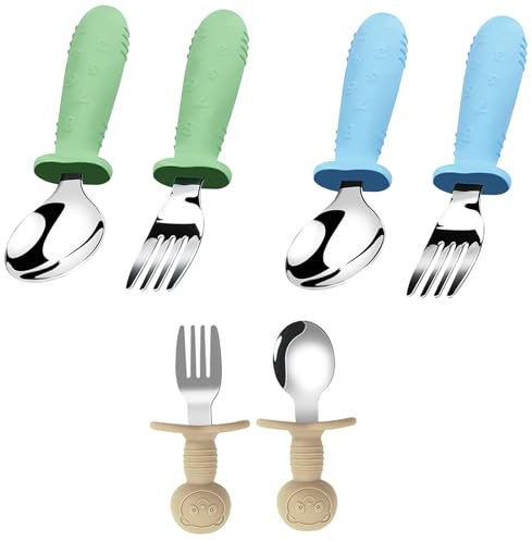 6 Stück Babylöffel, Kinderbesteck, Esslernbesteck, Baby Gabel, Silikon Edelstahl Baby Besteckset Löffel Gabel Spoon,Kindergabel Babylöffel ab 6 monate Lernlöffel BPA-frei ab 6+ Monate