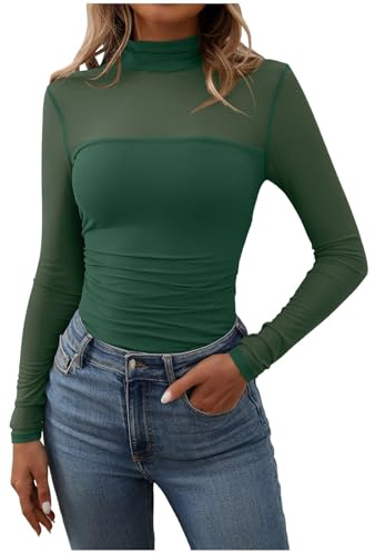 Camiseta de manga larga genérica para mujer, cuello alto y medio cuello, de color sólido y transparente, de corte entallado sexy de malla blusa, verde, M