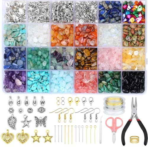 ZHIYUXI Natural Stone Beads for Jewelry Making Gemstone Crystal Beads with Beading Wire Earring Ring DIY Making 1600PCS 20Colors