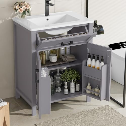 Easexcy 60 x 46 x 84,8 cm, mobile da bagno con lavandino, a doppia porta, pratici cassetti, lavabo in ceramica integrato (grigio, 60 x 46 x 84,8 cm)