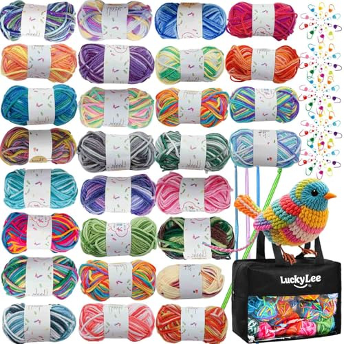 Pelotes de Fil à Crochet Multicolore en Acrylique,750g Pelotes de Laine Main Fil à Tricoter Doux avec Sac Fourre Tout non Tissé Réutilisable pour Tout Projet de Tricot et de Crochet (28PCS*25g)