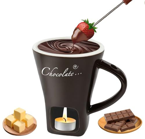 SEILETOO Fondue Cup, Chocolate Melting Fondue Mug with Fork and Candles, Ceramic Chocolate Melting Cup, For Cheese Butter, Date Night, Movie Night, Birthday, Wedding, Housewarming Gift