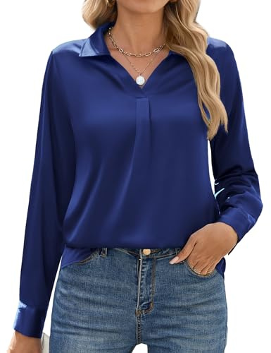 Zeagoo Camicia da donna in raso, a maniche lunghe, elegante, con scollo a V, in seta, a maniche lunghe, tinta unita, Blu marino, M
